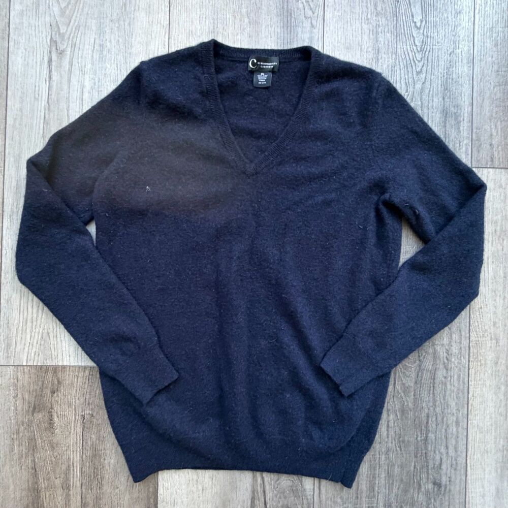 C By Bloomingdale's Cashmere Navy V Neck Sweater 2 Ply Soft XL Womens